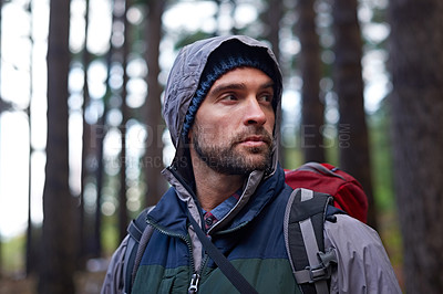 Buy stock photo Hiking path, man and thinking in forest for adventure, vacation and fitness in nature with trees. Sport, training and motivation in nature for workout, journey and athlete with backpack for winter.