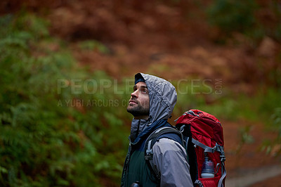 Buy stock photo Man, backpack and hiking in forest for zen with mountains for travel in environment for freedom. Male person, underground bunker and war in Ukraine with worried for safety, military and thinking