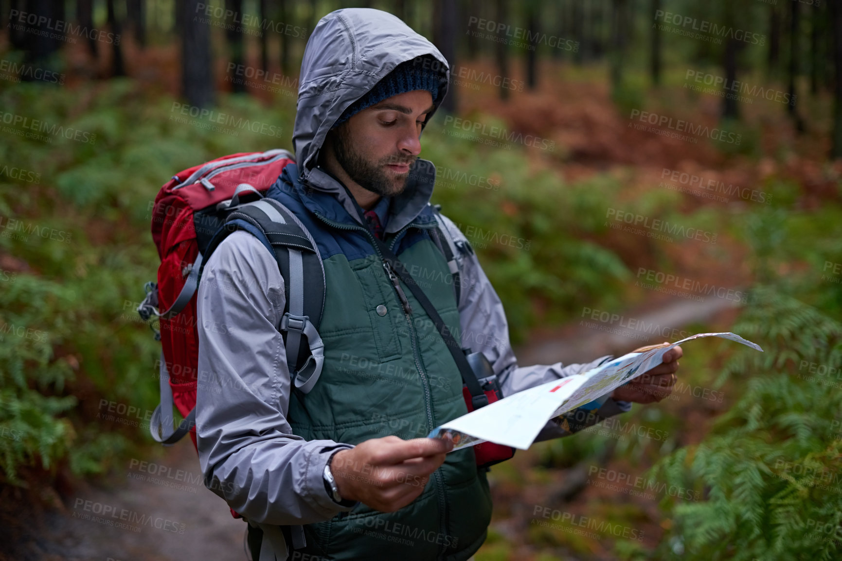 Buy stock photo Search, map and man in forest with direction to camp in woods and reading navigation on hiking adventure. Backpack, travel and lost in nature trekking with information or guide location on paper