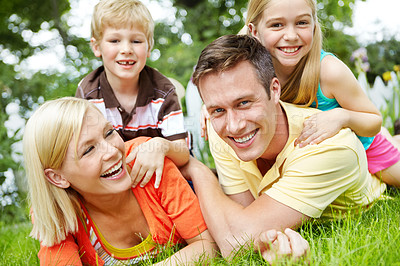 Buy stock photo Happy, family and garden with fun, playing and laugh outdoor with summer holiday and bonding. Love, support and care of mother, father and children with piggyback and backyard game with smile