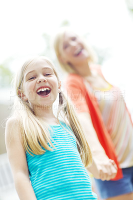 Buy stock photo Woman, child and holding hands in garden with love, support or happy with guidance. Portrait, excited girl or mother in home backyard with trust, freedom and family relationship development in Canada