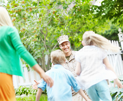 Buy stock photo Family, run and welcome for army father of emotional celebration, hug and safety of military service return. Man, soldier and children with embrace for reunion together, patriotism and house garden