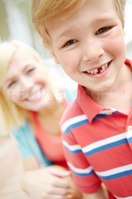 Buy stock photo Portrait, mom or boy with missing tooth, smile and family in home for love, growth or support together. Single parent, cavity or mother on porch with happy male kid or dentistry wellness in Australia