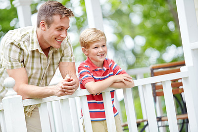 Buy stock photo Love, patio or smile with father and son outdoor in garden of home for bonding, future or growth. Family, planning or vision with single parent man and boy child in backyard for conversation or trust