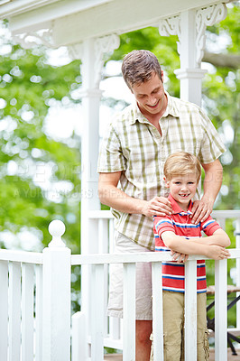 Buy stock photo Love, bonding or boy on porch with father, smile and family by fence in home on fun weekend together. Single parent, relax or dad with pride, care or happy male kid on holiday vacation in Australia