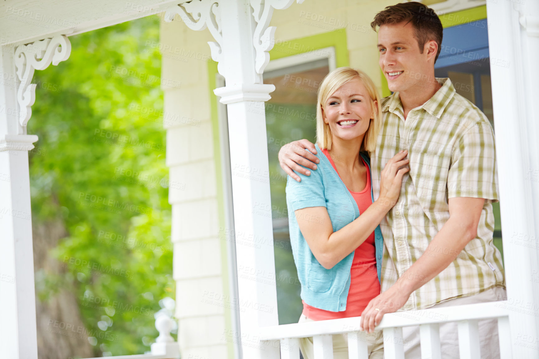 Buy stock photo Couple, smile and relax on patio with hug, bonding or relationship development at home space. Man, woman or happy on porch for memories, future thinking or property investment for growth in Australia