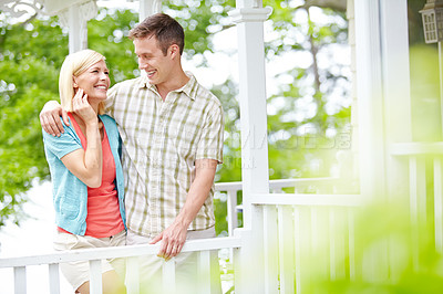 Buy stock photo Happy, hug and laughing with couple on porch in garden of home for bonding, romance or support. Funny, security or smile with man and woman embracing on backyard veranda for moment or relationship