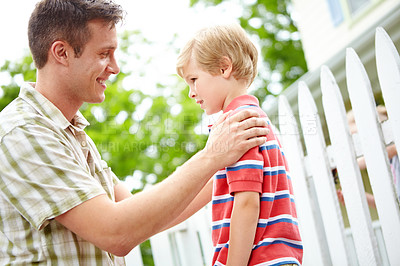 Buy stock photo Garden, support and smile of father with son outdoor together for bonding, growth or trust. Conversation, happy or love with single parent man and boy child in backyard for development or security