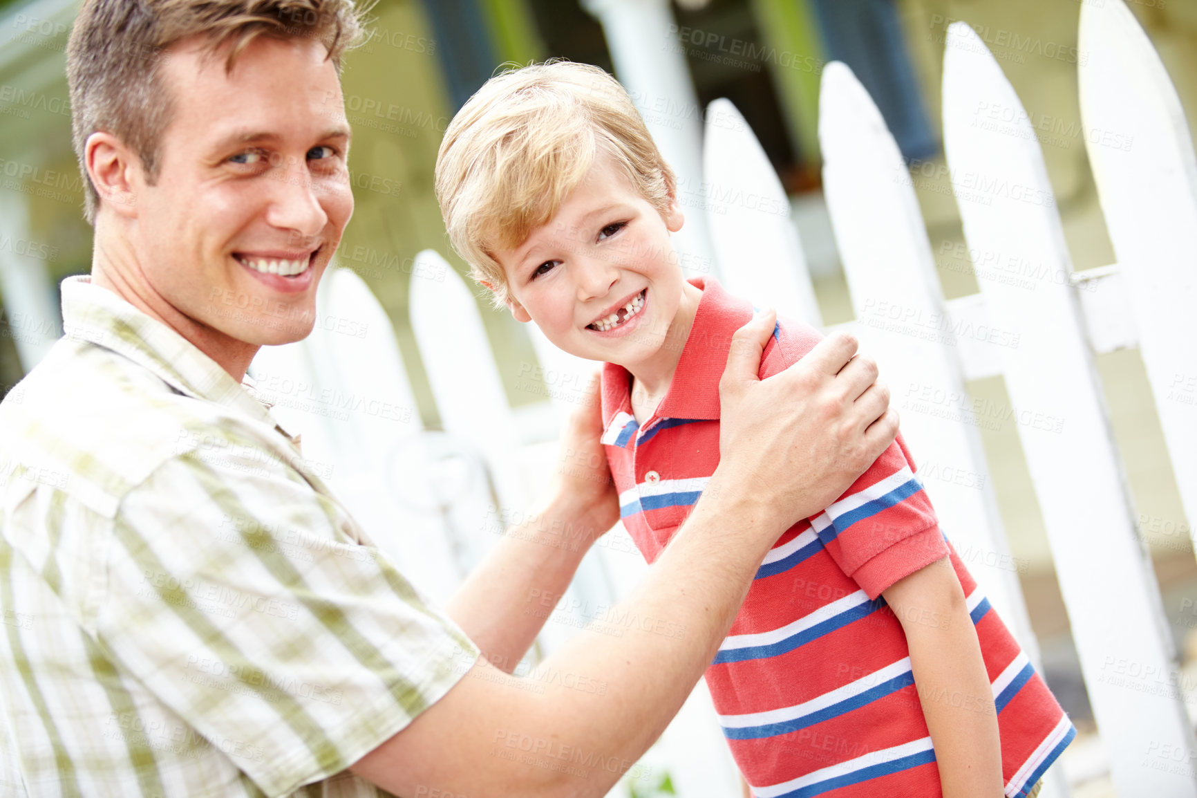 Buy stock photo Garden, portrait and smile of father with son outdoor together for bonding, support or trust. Growth, happy or support with single parent man and boy child in backyard for development or love