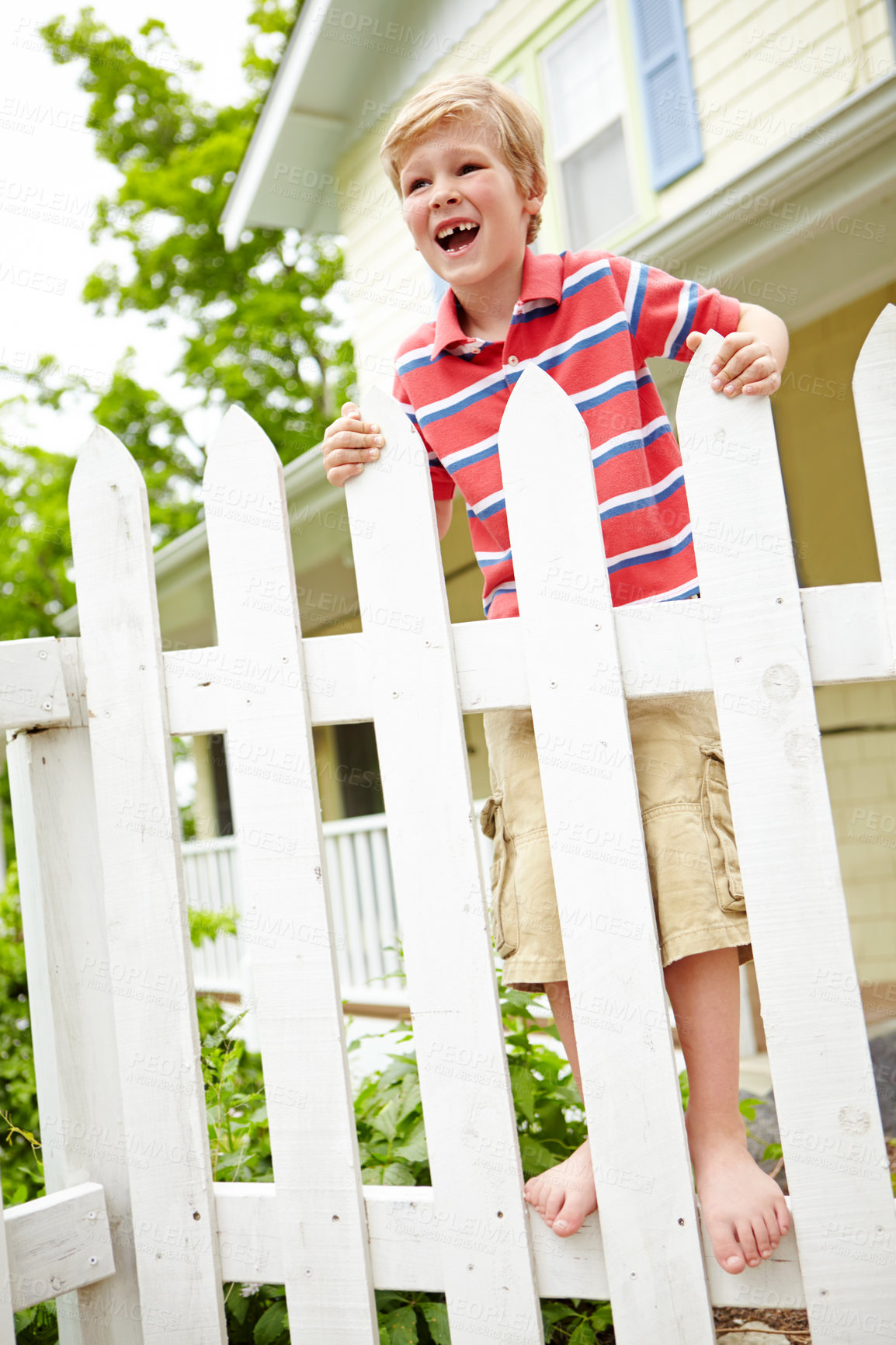 Buy stock photo Happy child, fence and waiting with joy for holiday, weekend or playful summer in backyard. Young, boy or kid with smile on wooden barricade for fun childhood, special day or fresh air in garden