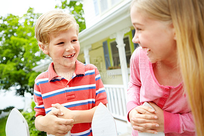 Buy stock photo Home, outdoor and kids with happiness as siblings on break for bonding, playful and support in Canada. People, boy and girl with smile with care, trust and love for child growth and development