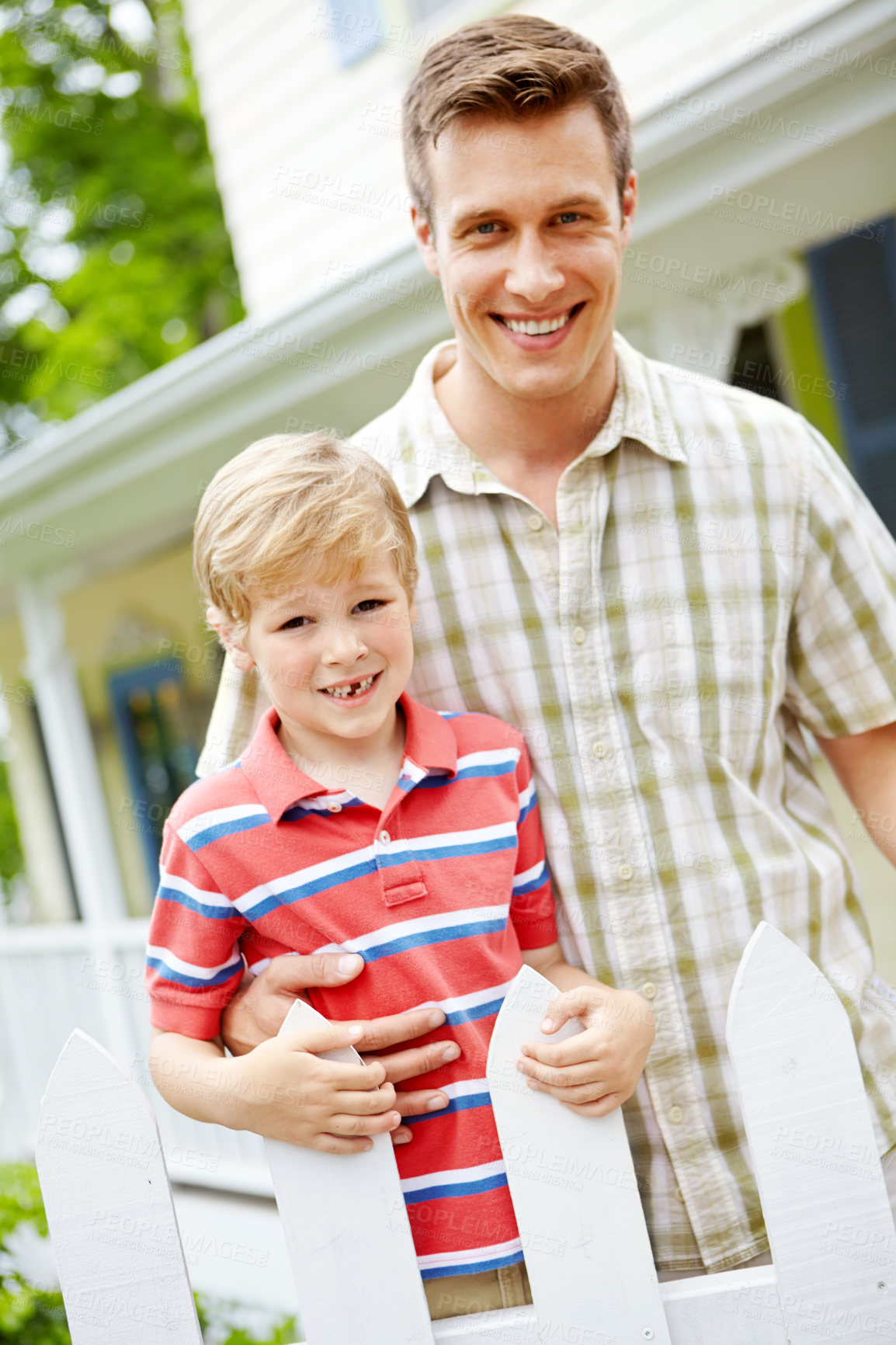 Buy stock photo Garden, growth and portrait of father with son outdoor together for bonding, support or trust. Love, smile or support with single parent man and boy child in backyard for development or security