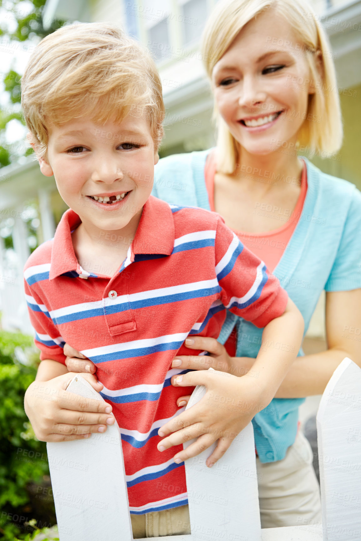 Buy stock photo Bonding, portrait and child with mom, backyard and conversation with son, home and relax in weekend. Outdoor, woman and talking to boy, happy and break for family, house and kid with smile and mother