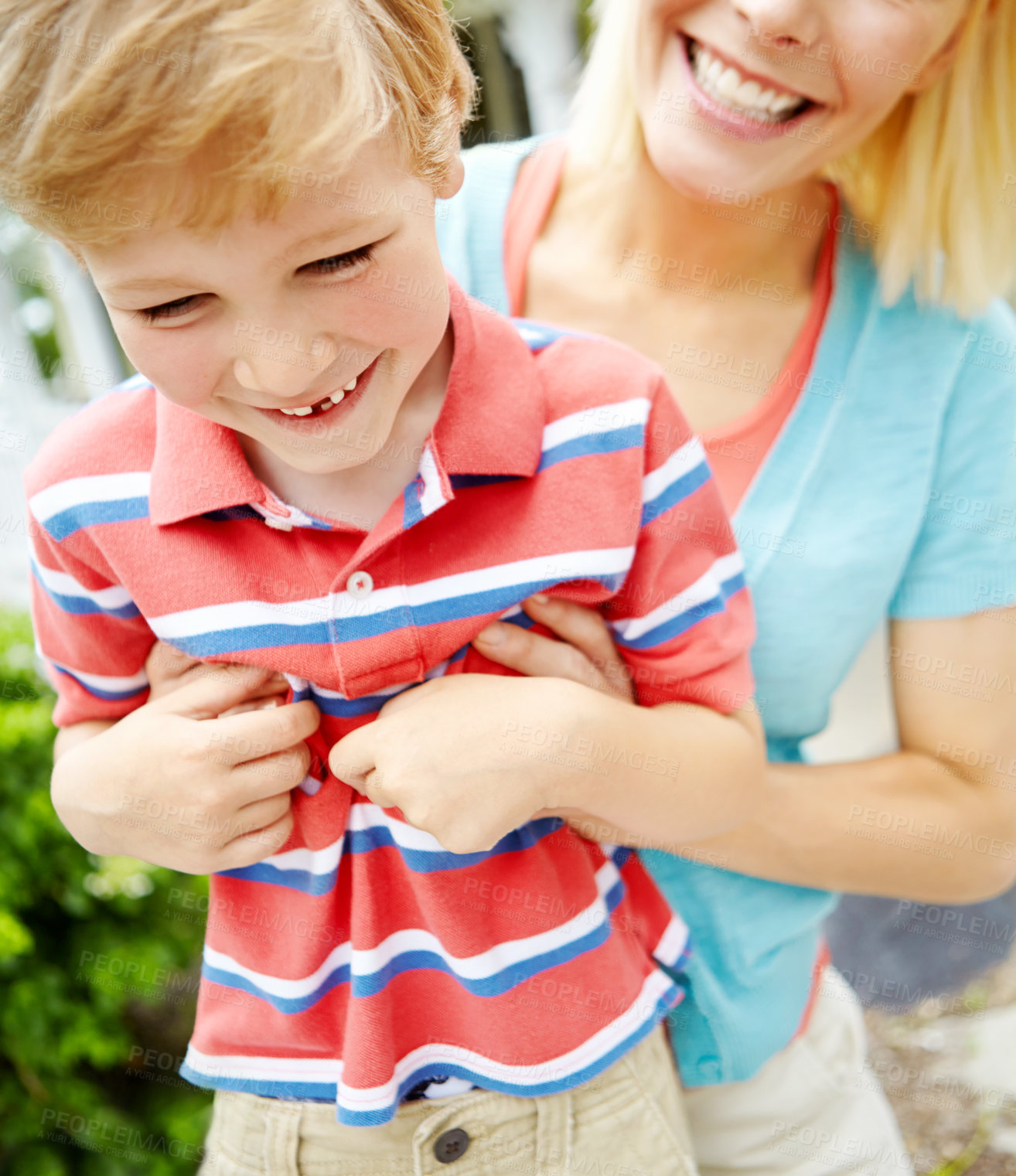 Buy stock photo Playing, tickle or child in backyard with mom, smile and family in home on weekend together. Single parent, hands or funny mother laughing with boy, games or male kid on holiday vacation in Australia