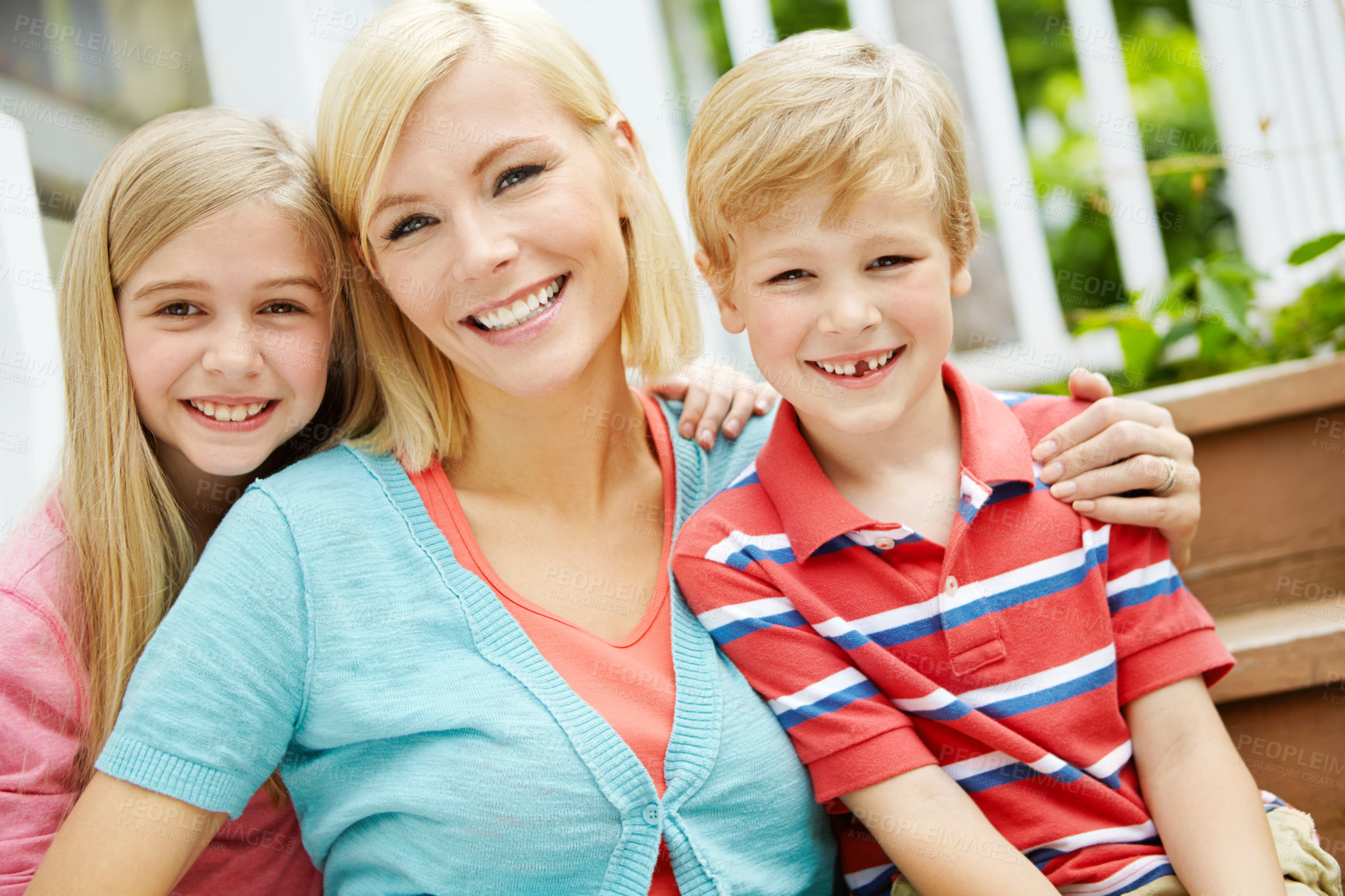 Buy stock photo Hug, mother and children portrait outdoor on deck by stairs with smile and summer fun on holiday. Garden, together and home patio with love, care and support with sun and youth on family vacation