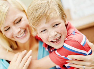 Buy stock photo Missing tooth, hug or child in home with mom, smile and family in house on fun weekend together. Single parent, dentistry or mother playing with boy, care or happy male kid on holiday in Australia