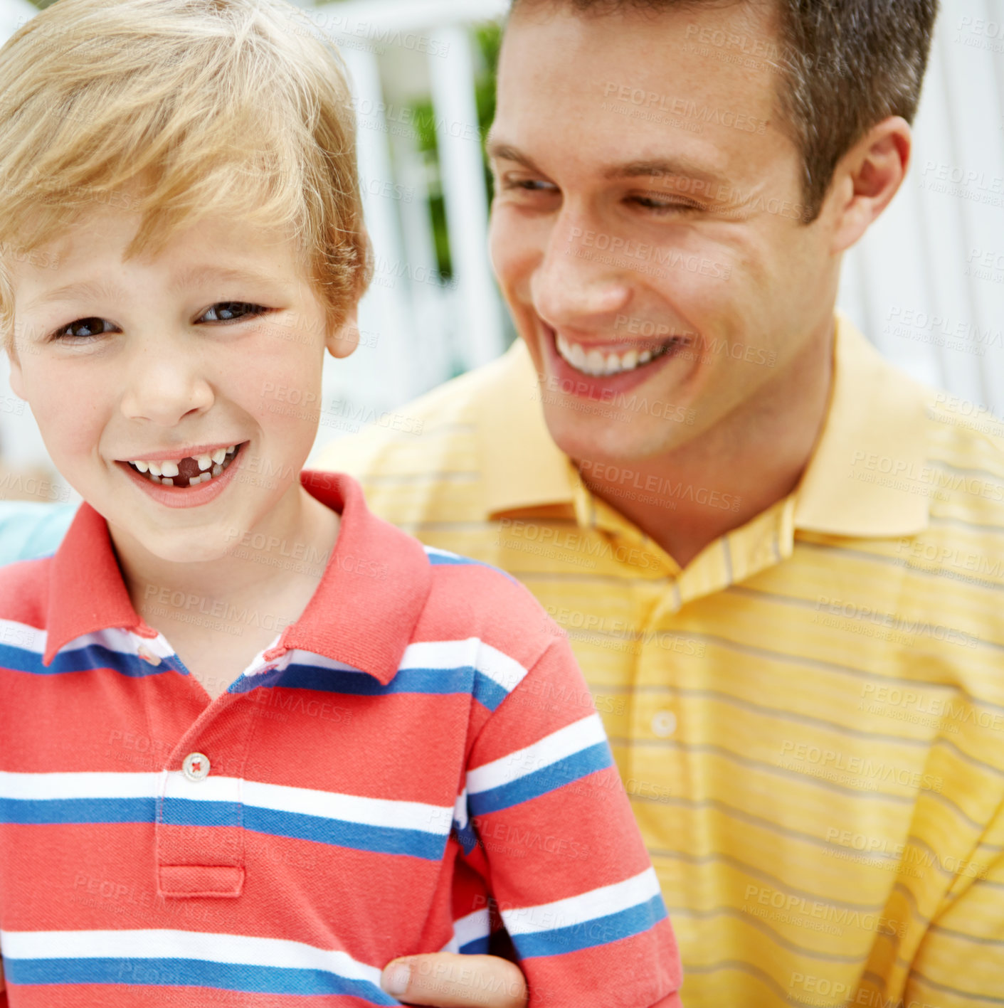 Buy stock photo Face, garden and smile of father with son outdoor together for bonding, support or trust. Growth, happy or missing tooth with single parent man and boy child in backyard for development or security