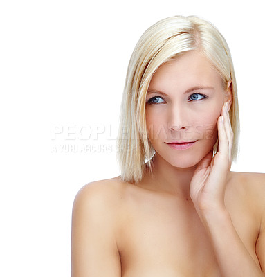 Buy stock photo Beauty, skincare and hand with woman in studio for self care, cosmetics and dermatology. Touch, glow and spa treatment with face of female model on white background for salon and collagen mockup