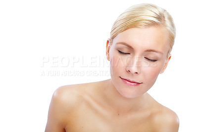 Buy stock photo Eyes closed, skincare and glow with face of woman in studio for natural makeup, shine and self care. Cosmetics, dermatology and spa treatment with model on white background for salon and collagen