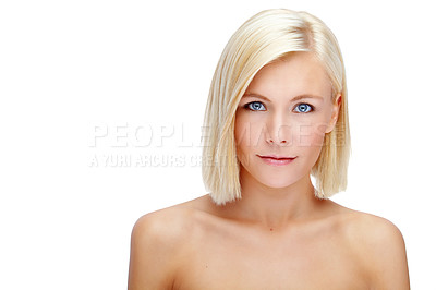 Buy stock photo Portrait, skincare and woman on a white background for beauty, wellness and facial treatment. Dermatology, spa and isolated person with cosmetics for smooth texture, healthy skin and salon in studio