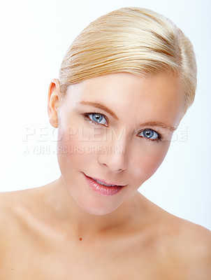 Buy stock photo Woman, portrait and confident in studio for skincare, beauty and dermatology with facial self care. Female person, cosmetics and clear face on white background for luxury spa, texture or healthy skin