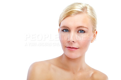 Buy stock photo Woman, portrait and facial for skincare, beauty and dermatology with glow and self care in studio. Female person, texture and clear face on white background for luxury spa, confident and healthy skin