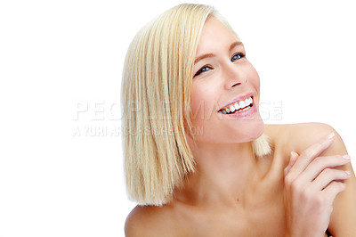 Buy stock photo Beauty, skincare and happy with woman in studio for self care, cosmetics and dermatology. mockup, glow and spa treatment with face of female model on white background for salon and collagen