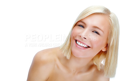 Buy stock photo Beauty, happy and portrait with woman in studio for self care, cosmetics and dermatology. Aesthetic, skincare and spa treatment with face of female model on white background for salon and mockup