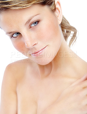 Buy stock photo Thinking, skincare and beauty with face of woman in studio for natural makeup, shine and self care. Cosmetics, dermatology and spa treatment with model on white background for salon and collagen