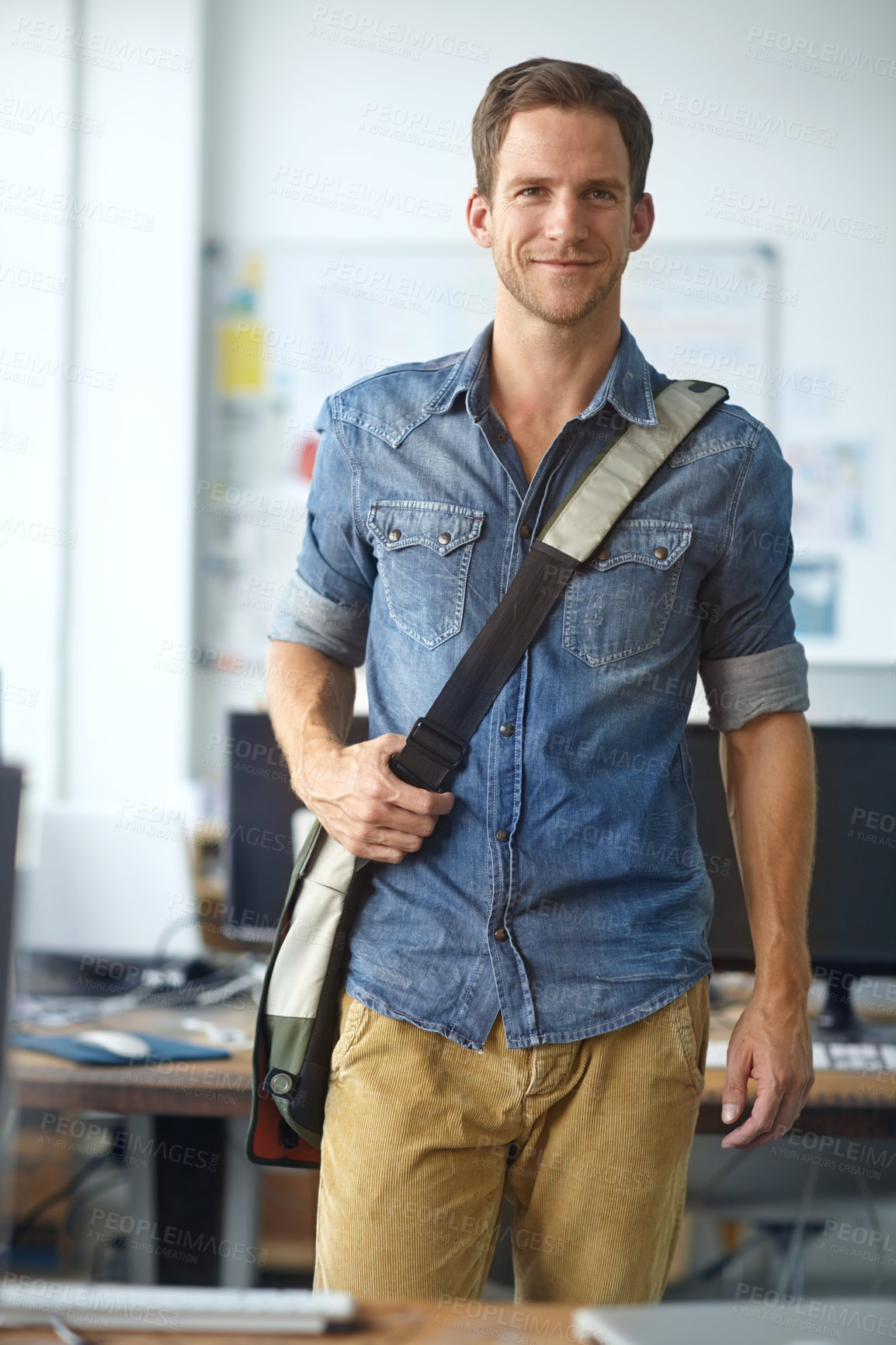 Buy stock photo Creative, business and portrait of happy man with confidence, pride and opportunity at digital agency. Growth, development and professional graphic designer in office with bag at tech startup company