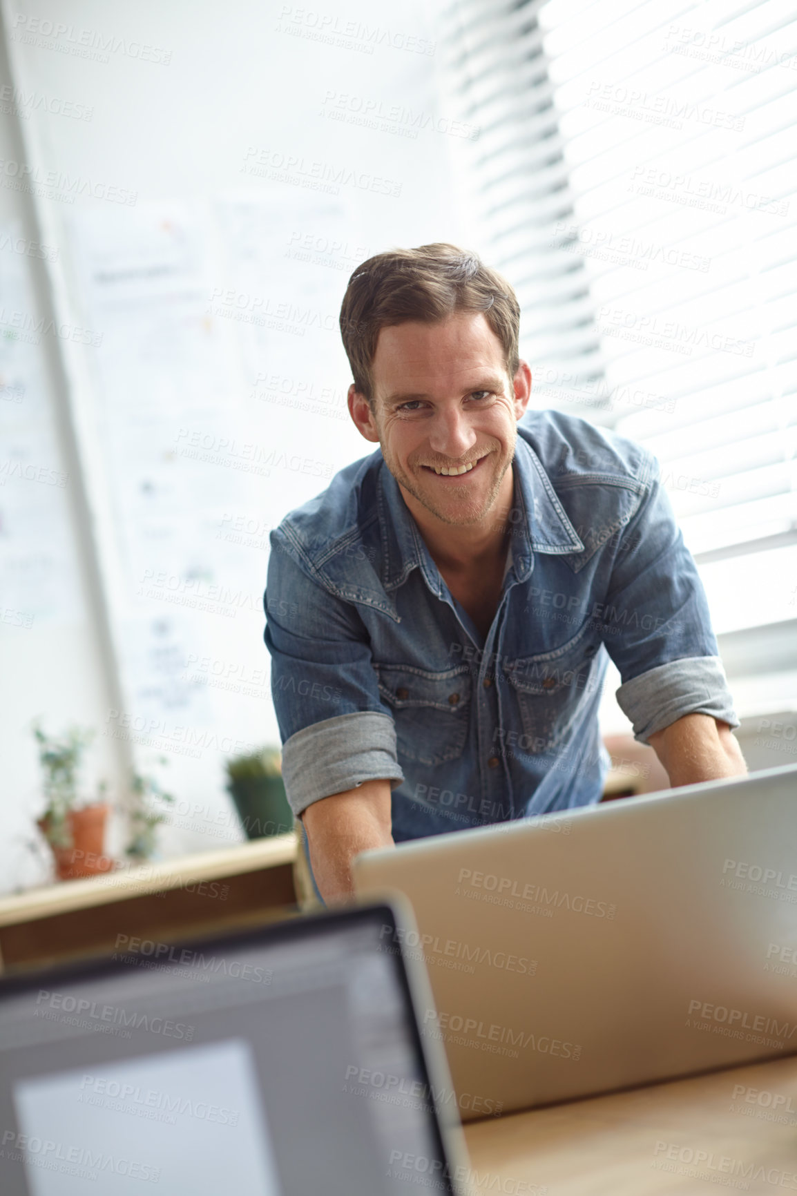 Buy stock photo Happy man, laptop or portrait in office for research, tech support or internet problem solving. Network error, IT guy or smile at computer for business, email or new program installation in workplace