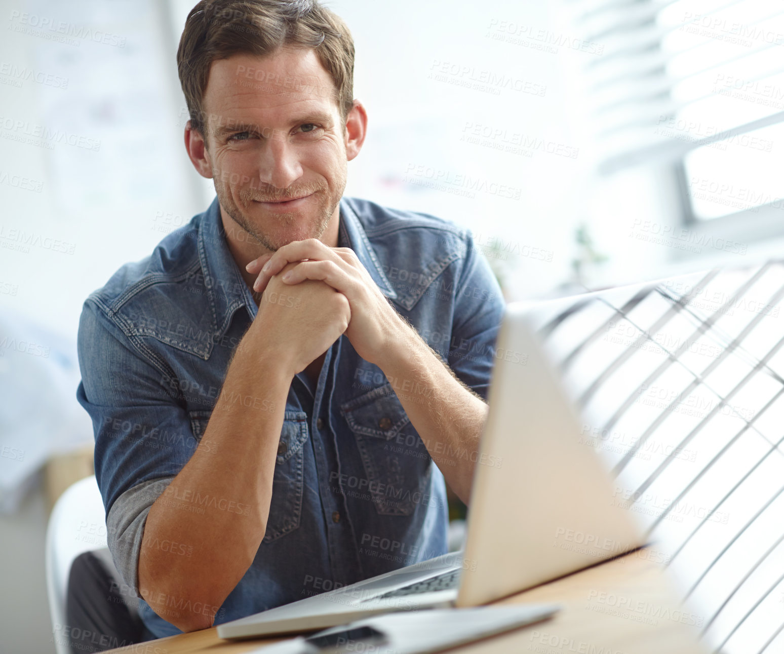 Buy stock photo Design, laptop and portrait of happy man with confidence, pride and opportunity at digital agency. Business, web development and creative professional at desk with computer, smile or tech startup job