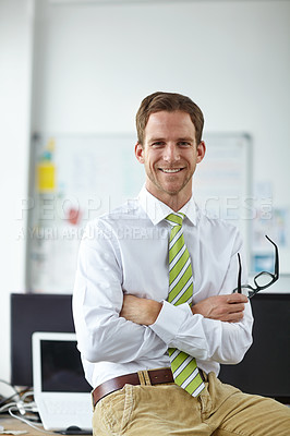 Buy stock photo Confidence, office and portrait of happy man with glasses, pride and online business opportunity at digital agency. Project manager, developer or businessman at desk with arms crossed at tech startup