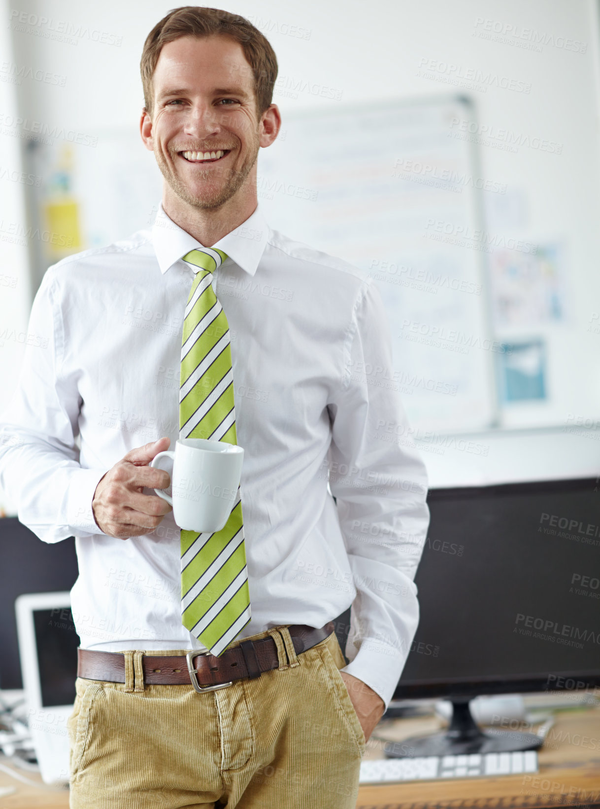 Buy stock photo Confidence, office and portrait of happy man with coffee, smile and online business manager at digital agency. Relax, developer or businessman at desk with drink, pride and break at tech startup