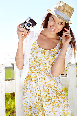 Buy stock photo Photographer, camera or woman portrait in holiday, summer vacation or Germany sightseeing break. Smile, happy or travel influencer with vlogger photography equipment in tourist nature review