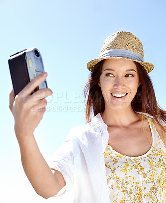 Buy stock photo Photographer, happy woman or camera selfie in holiday location, summer vacation or Germany sightseeing break. Smile, vlogger or travel blogger and photography equipment for tourist destination review