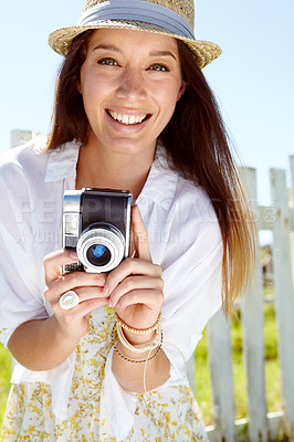 Buy stock photo Woman portrait, photographer or vintage camera in holiday location, summer vacation or Germany sightseeing break. Smile, happy or travel blogger with photography equipment for tourist nature review