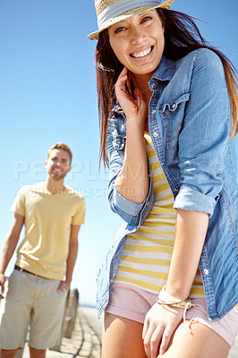 Buy stock photo Portrait, date and romance with a couple on the promenade, walking together for vacation in summer. Nature, beach and blue sky with a man and woman enjoying a walk while bonding, dating or on holiday
