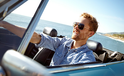 Buy stock photo Car road trip, travel and laughing man on holiday adventure, transportation journey or fun summer vacation. Ocean sea, convertible automobile and happy driver driving on Australia countryside tour