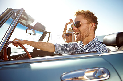 Buy stock photo Car road trip, travel and fun happy couple on bonding holiday adventure, transportation journey or summer vacation. Love flare, convertible automobile driver and man and woman driving on Canada tour