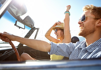 Buy stock photo Travel, car road trip and profile couple on bonding holiday adventure, transportation journey or fun summer vacation. Love flare, convertible automobile and happy driver driving on Canada countryside