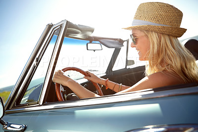 Buy stock photo Travel, road trip and woman in car for adventure, summer holiday and freedom on vacation by ocean. Travelling lifestyle, happiness and girl driving in motor vehicle for relaxing, break and journey
