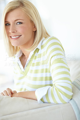 Buy stock photo Woman, portrait and relax in home with comfort, smile or weekend break in Australia. Female person, happy or peace on living room sofa for rest, good mood or positivity in apartment with satisfaction