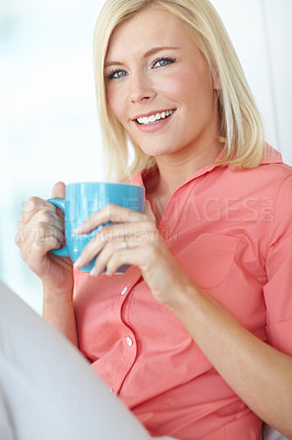 Buy stock photo Woman, portrait and relax in home with coffee, smile or weekend break in Australia. Female person, comfort or tea drink in living room for rest, good mood or positivity in apartment with satisfaction