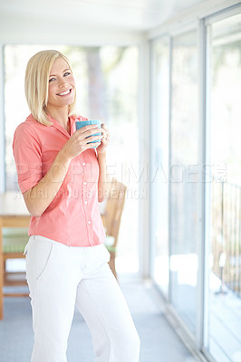 Buy stock photo Portrait, happy and woman with coffee, home and creative for real estate, property and morning. Business, designer and person with tea, renovation and interior design in house, industry and USA