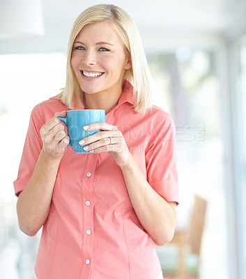 Buy stock photo Portrait, drinking coffee and happy woman in home for peace, relax and calm in apartment. Face, cup and blonde person with beverage in living room for energy, morning espresso and smile in Ireland