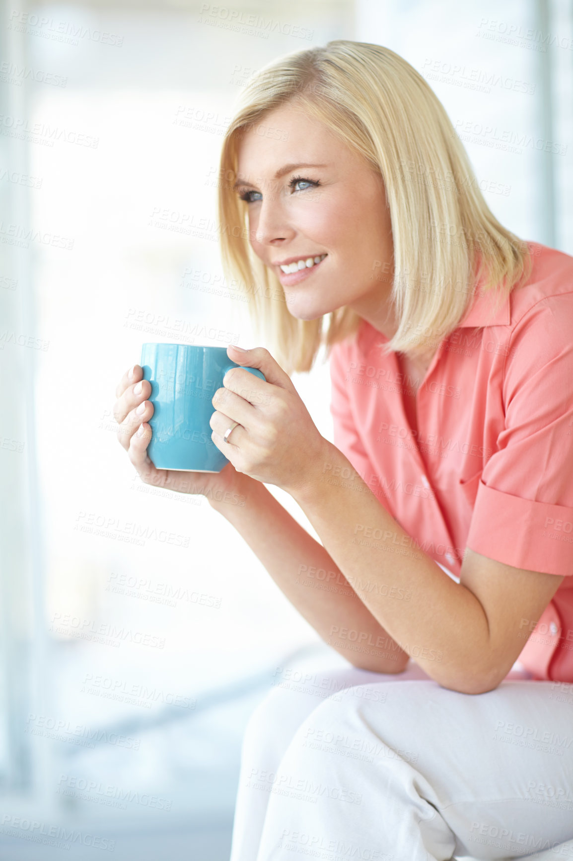 Buy stock photo Couch, thinking and woman with coffee for drinking, rest and comfortable with espresso on weekend. Home, sofa and happy person with tea cup for beverage, relax and thoughts with cappuccino in lounge