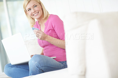 Buy stock photo Couch, woman and thinking with laptop for credit card, digital banking and success for ecommerce at home. Sofa, happy person and ideas with debit for transaction, online shopping and payment in house