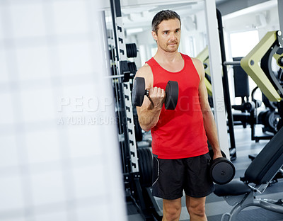 Buy stock photo Man, fitness and mirror with dumbbells for exercise, workout or muscle training in gym. Bodybuilder, athlete or sports person ready with equipment for strength, body goals and health club wellness