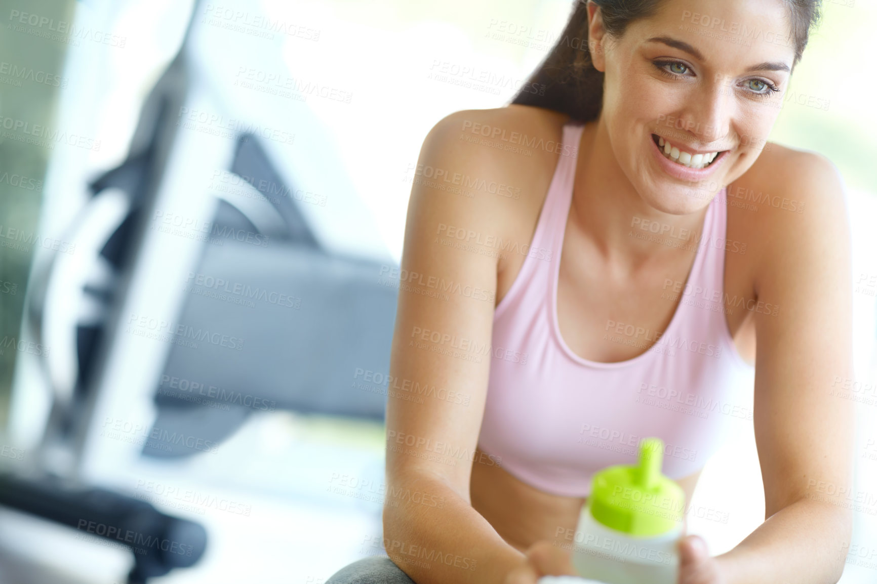 Buy stock photo Thinking, break and happy woman in gym for fitness, body wellness and hydration with water for health or nutrition. Workout, sports and girl with drink bottle for resting, tired and planning training